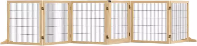 Cancello di sicurezza per cani in legno di pino e metallo, colore naturale, 432x36x70 cm, con poggiapiedi e apertura bidirezionale pieghevole