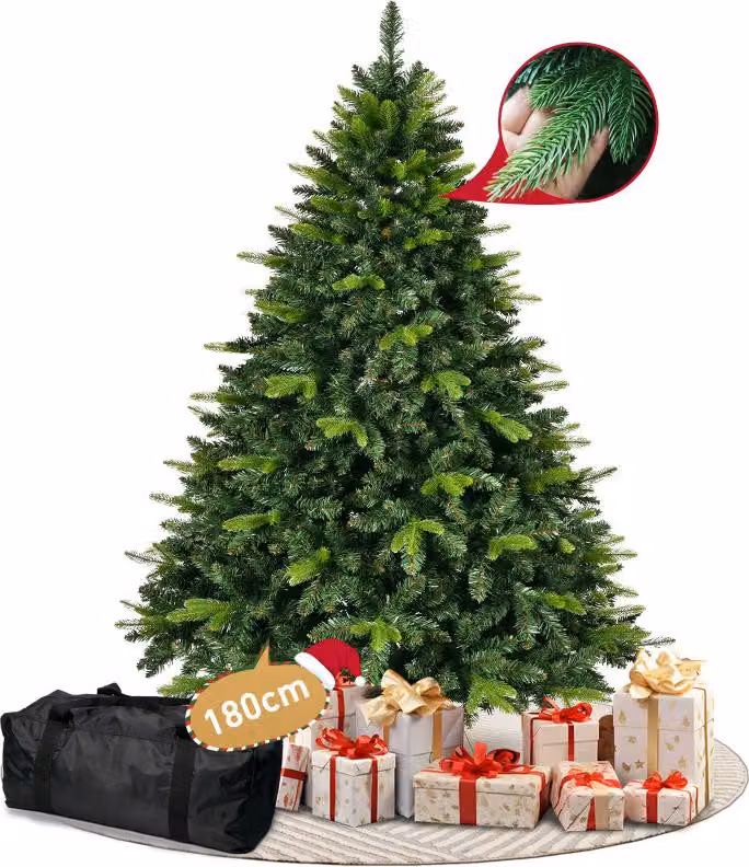 180cm Albero di Natale Artificiale con Base in Legno, Rami Extra Pieni, Aspetto Naturale e Montaggio Semplice, Include Borsa di Trasporto