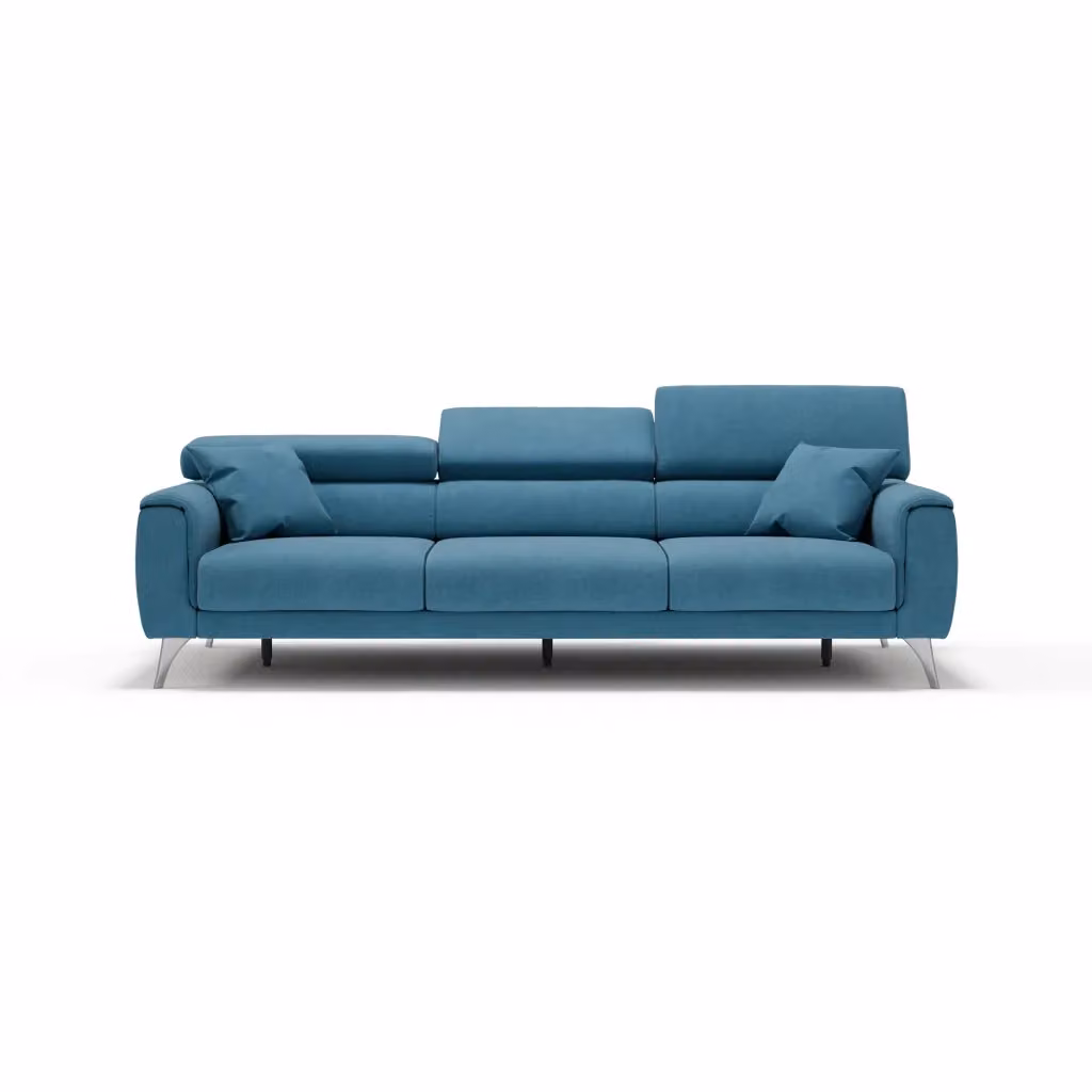 Divano Caravaggio Divani.Store con 3 sedute allungabili indipendenti, poggiatesta reclinabili e tessuto impermeabile azzurro, L: 244 cm – 2
