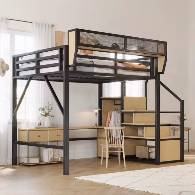 Letto a soppalco 140x200 cm; scala di sicurezza e ripiano flessibile; metallo nero (Senza materasso)