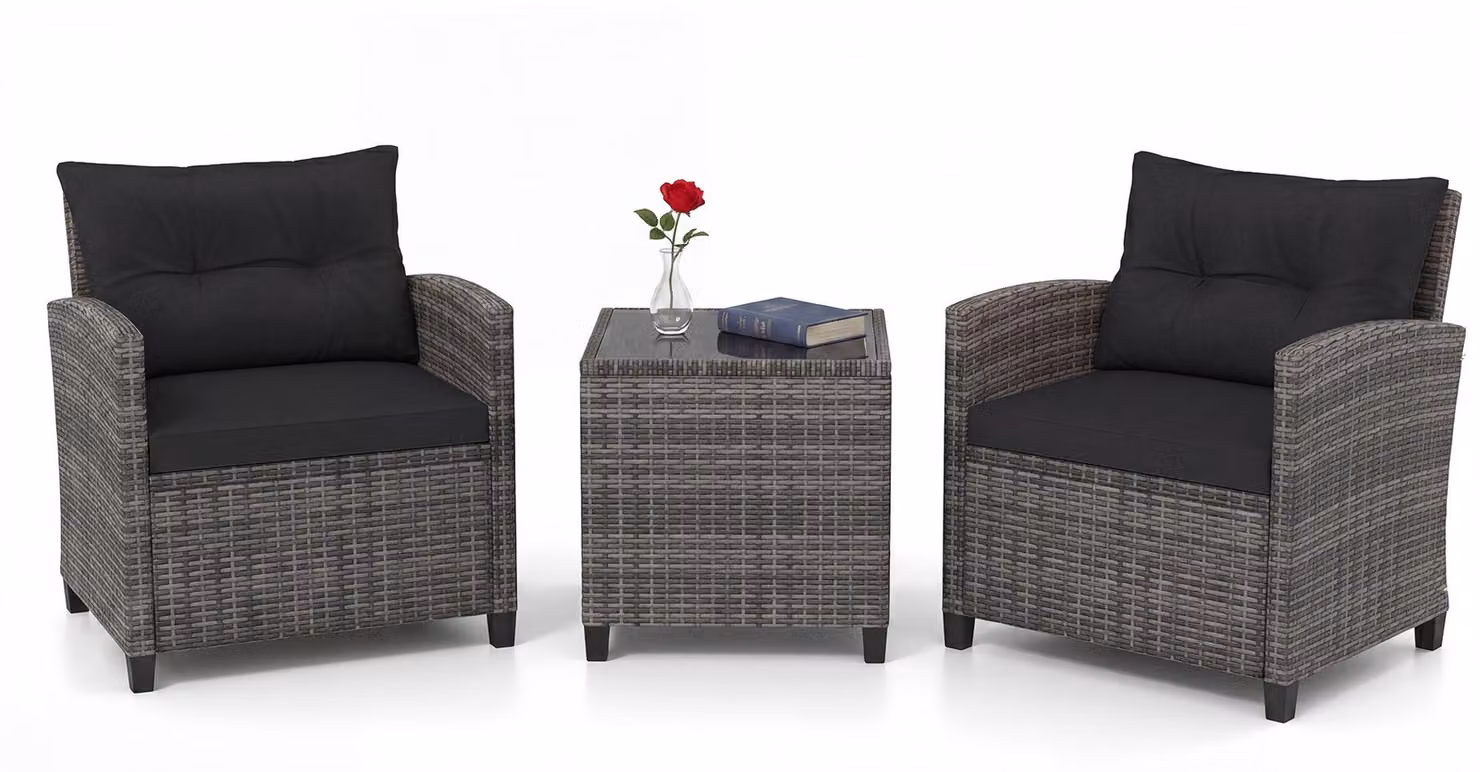 Set di mobili da giardino in rattan KOMFOTTEU, set di mobili da lounge per esterni con 2 poltrone, 1 tavolino, cuscini per seduta e schienale, mobili per balconi piccoli, mobili da lounge per giardino, mobili per terrazza per 2 persone