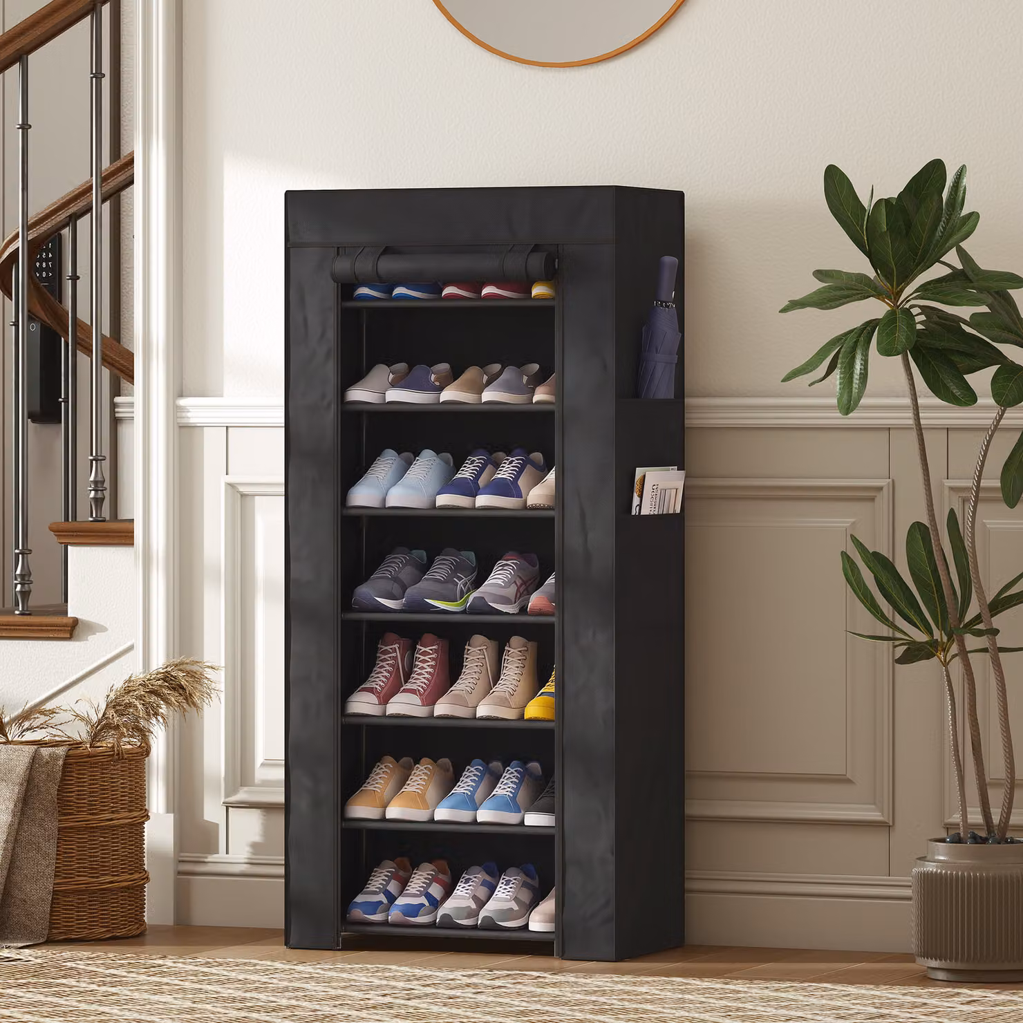 Scarpiera stretta HOMCOM a 7 livelli per 14-21 paia di scarpe con copertura in TNT e 2 tasche, nero – 2