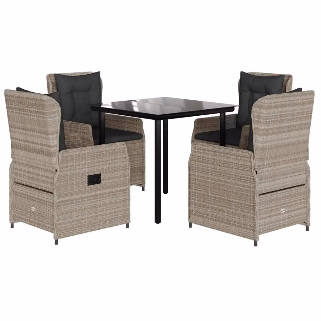 Set Pranzo da Giardino vidaXL in Polyrattan con Cuscini e Tavolo in Vetro, 5 Pezzi, Grigio e Nero – 2