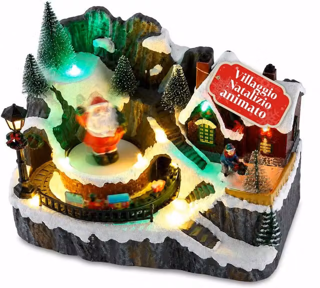 LitVille Villaggio di Natale Illuminato LED con Trenino in Movimento e Babbo Natale Rotante, 8 Melodie Natalizie, 23x15x18 cm, a Batteria