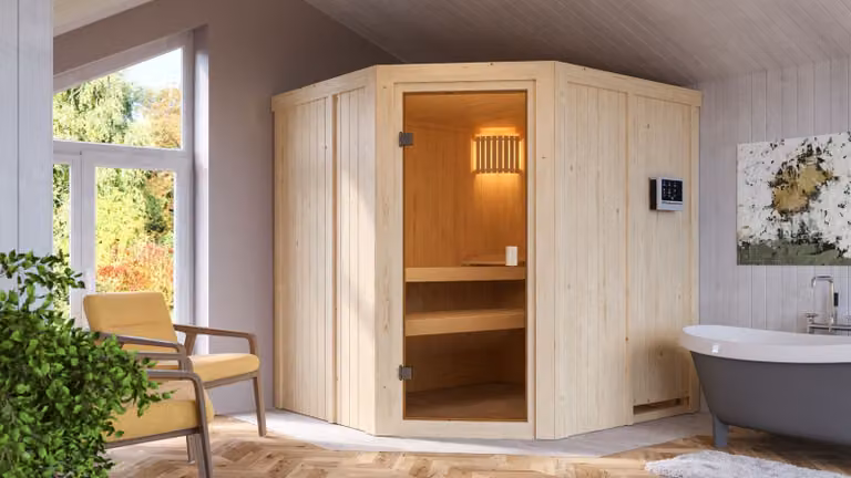 Sauna Woodfeeling Bodo (ingresso ad angolo), porta tutto vetro, bronzata, riscaldatore 9 kW controllo esterno semplice