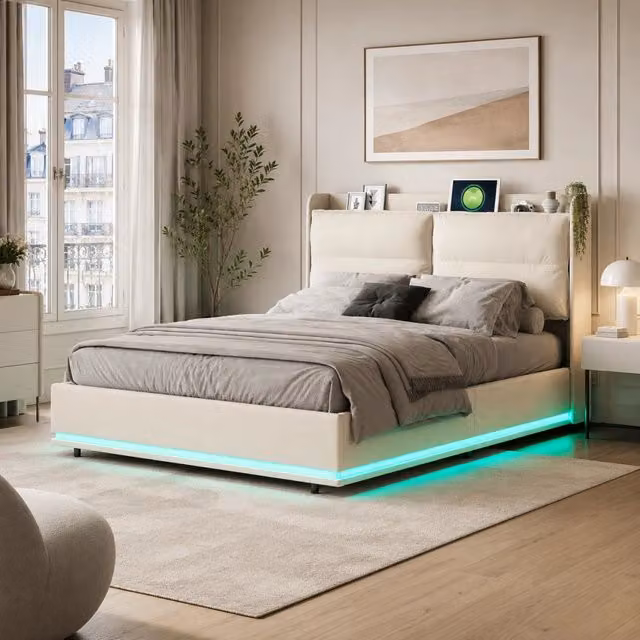 Letto contenitore 160x200 cm velluto beige, testiera imbottita, ricarica wireless, USB‑C e USB, luci RGB‑LED con telecomando, meccanismo idraulico