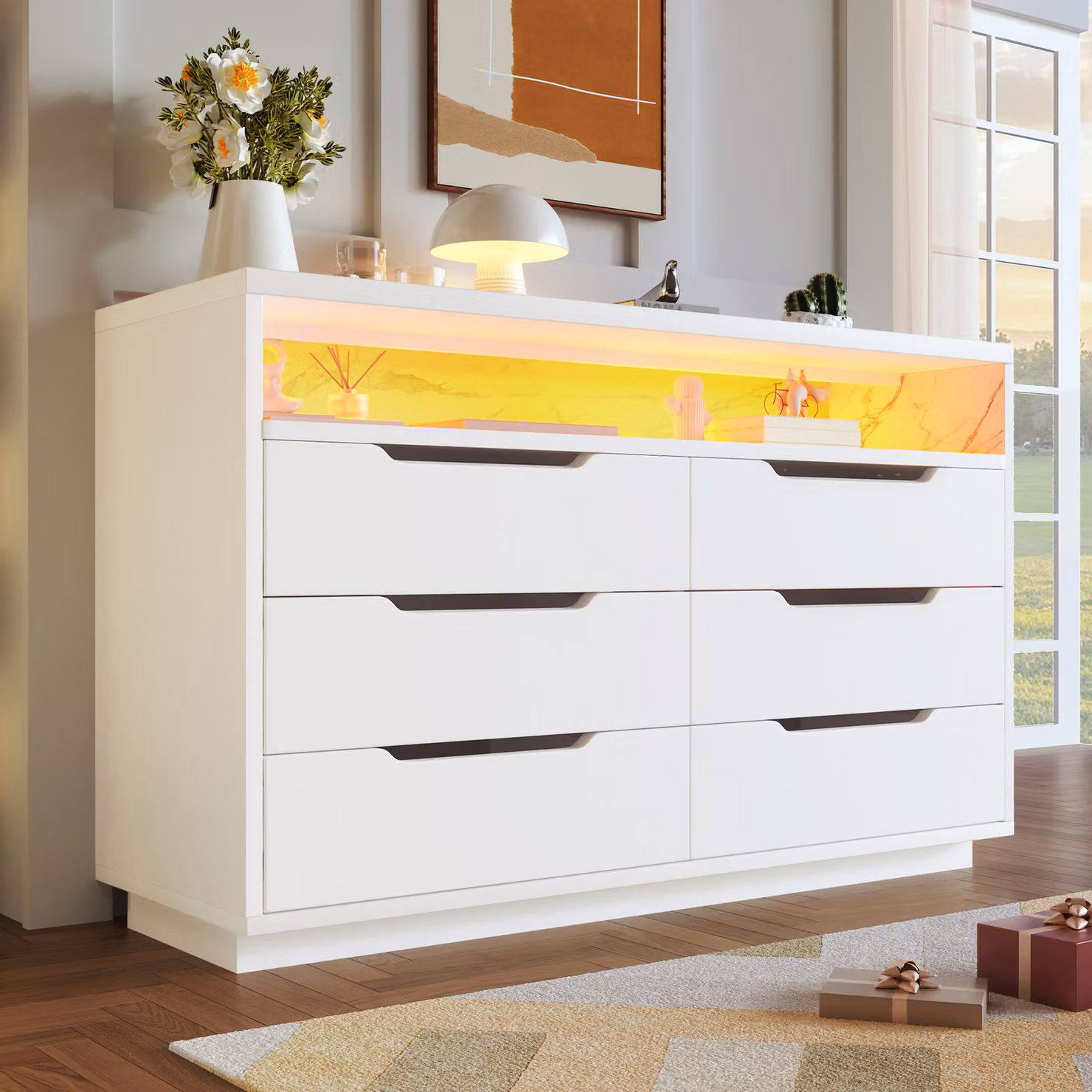 Mobile contenitore laterale con illuminazione a LED, realizzato in MDF, con 6 cassetti, vano contenitore con decorazione effetto marmo, colore bianco