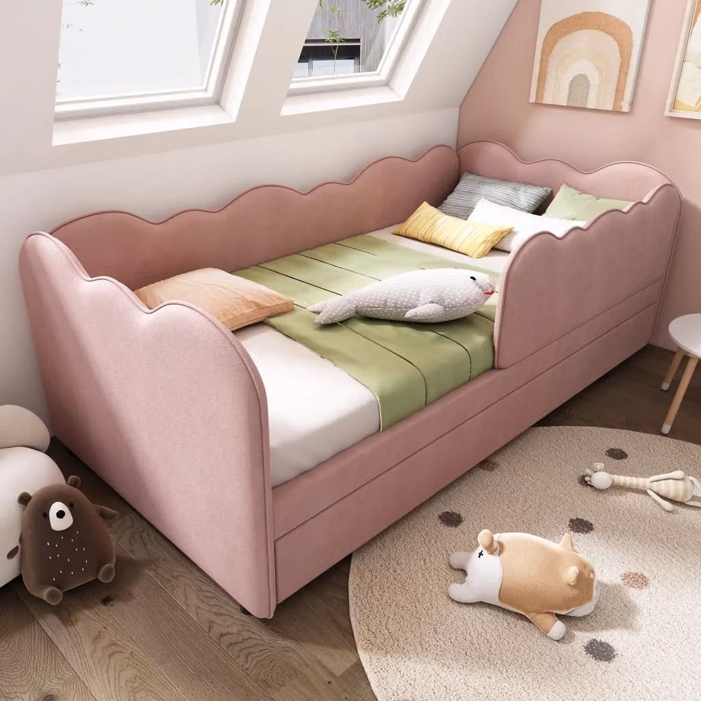 Letto singolo estraibile Chicfurn in velluto rosa con barriera laterale e rete, L/P/H: 90 x 190 cm – 2