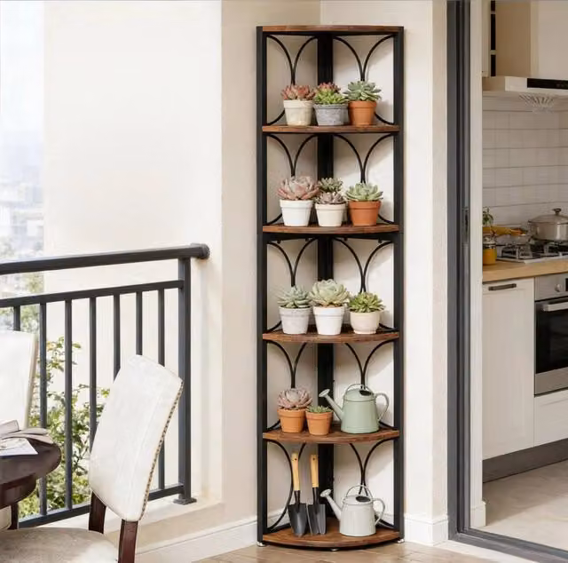 Scaffale angolare ULEVR a 6 ripiani in metallo e legno, mobile da terra nero e marrone rustico