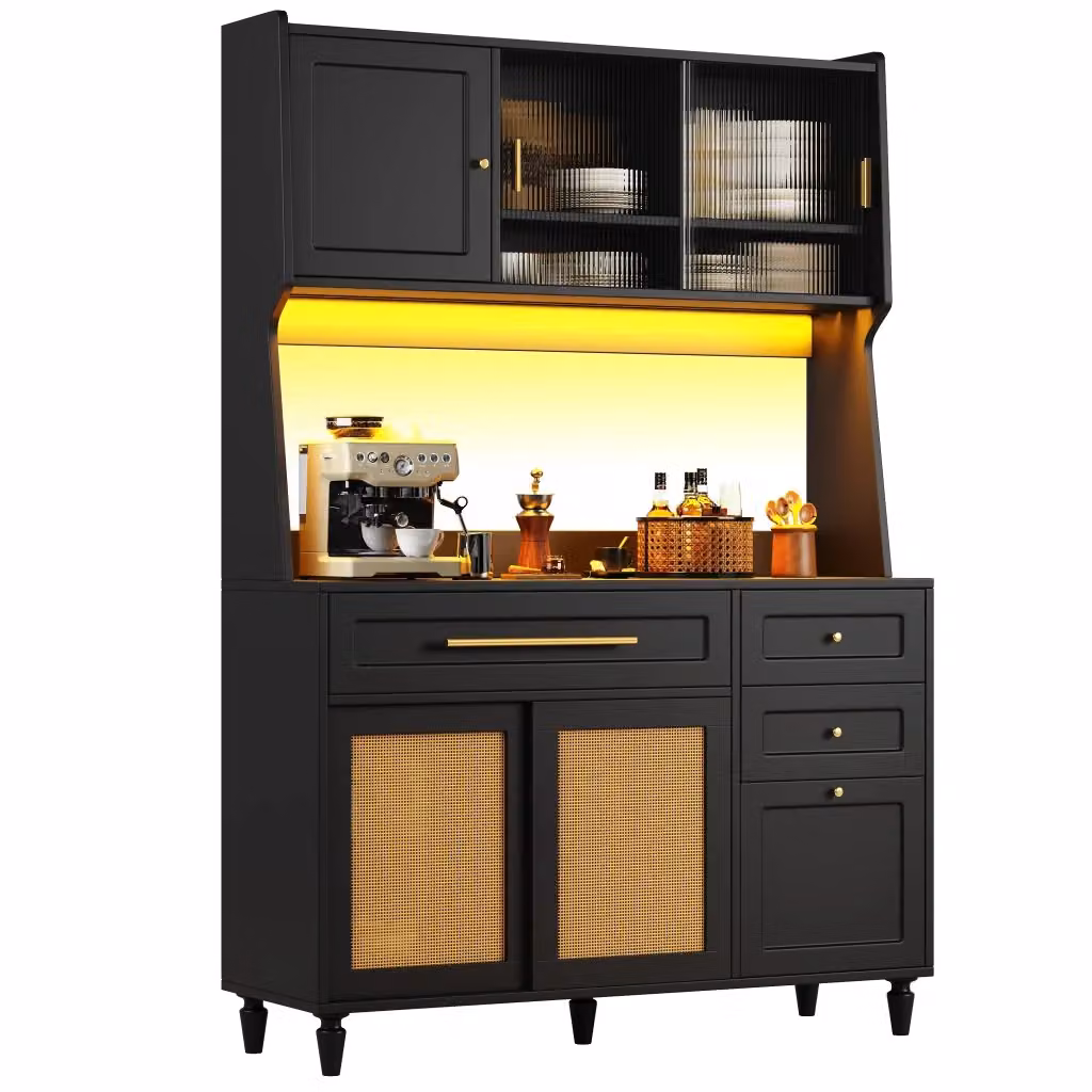 Madia Alta da Cucina Moderna con 3 Cassetti, Ripiani Regolabili e Illuminazione LED, Colore Nero, L 120 x P 45 x H 195.5 cm – 2