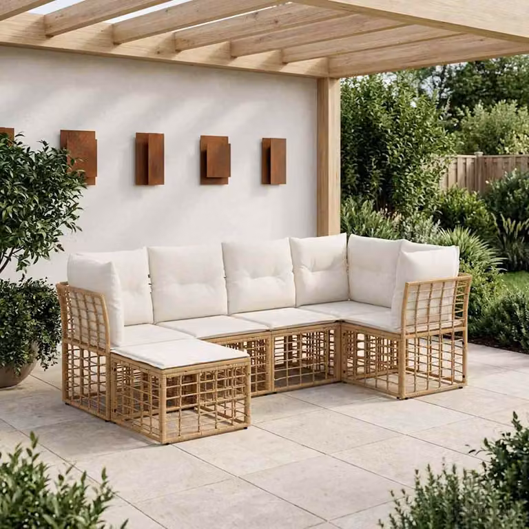 Set di divani da esterno a L vidaXL in polyrattan con pouf e cuscini, beige e marrone