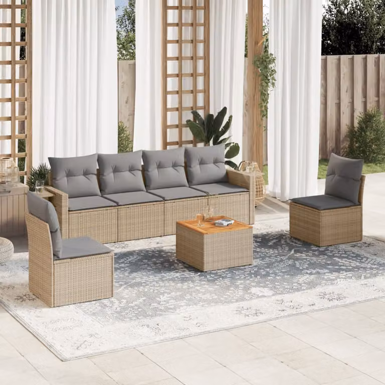 Set di divani da giardino vidaXL in 7 pezzi con cuscini beige in polyrattan e legno di acacia
