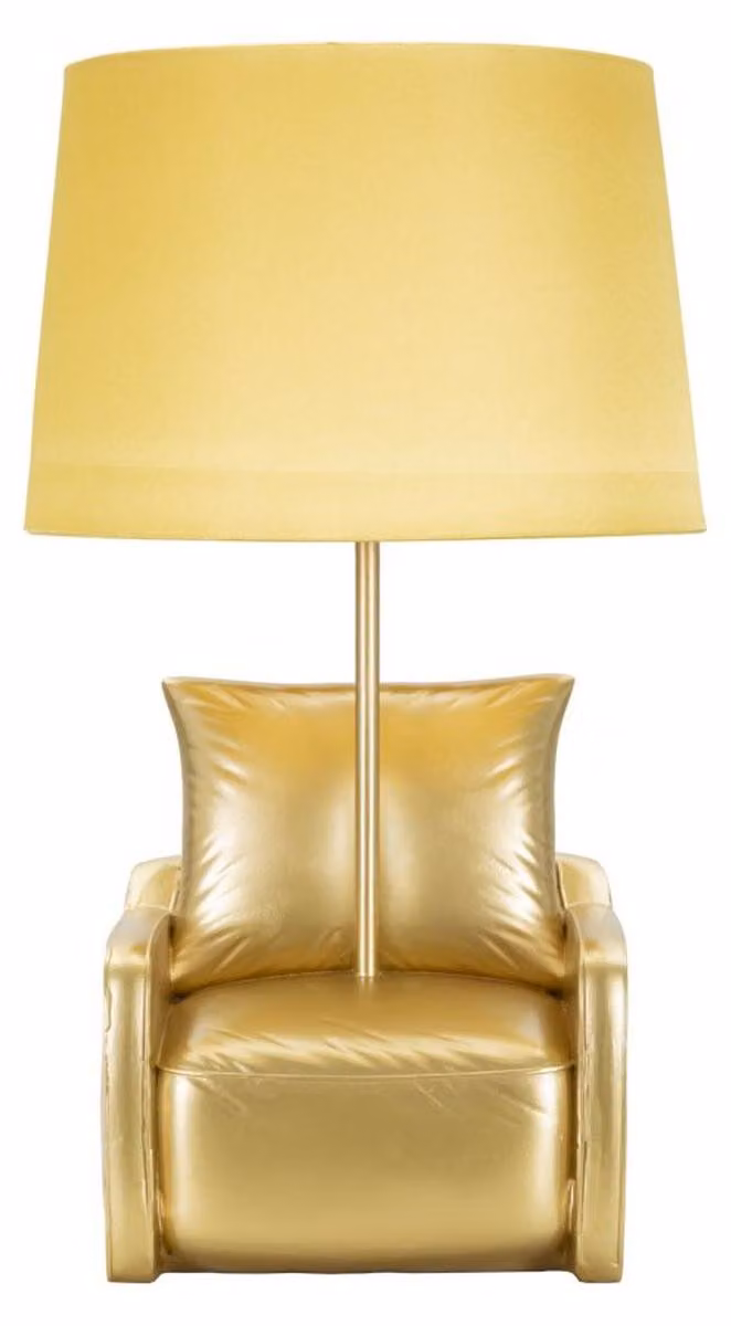 Lampada da comodino Midcentury in resina dorata con paralume in tessuto