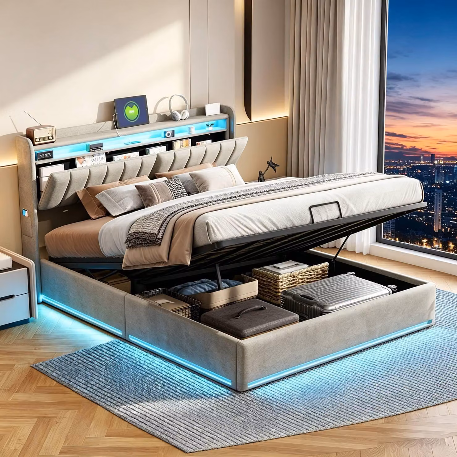 Letto imbottito INONEFT 140x200, letto moderno per giovani con LED e USB, letto con sistema di sollevamento idraulico e contenitore, rivestito in velluto grigio, senza materasso