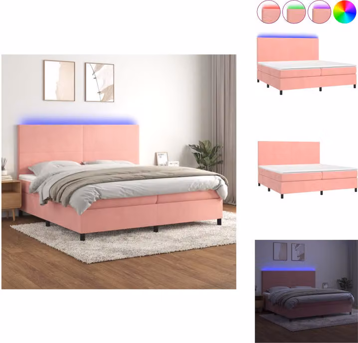vidaXL Letto a molle con materasso e LED in velluto rosa 200x200 cm - Letti e strutture letto