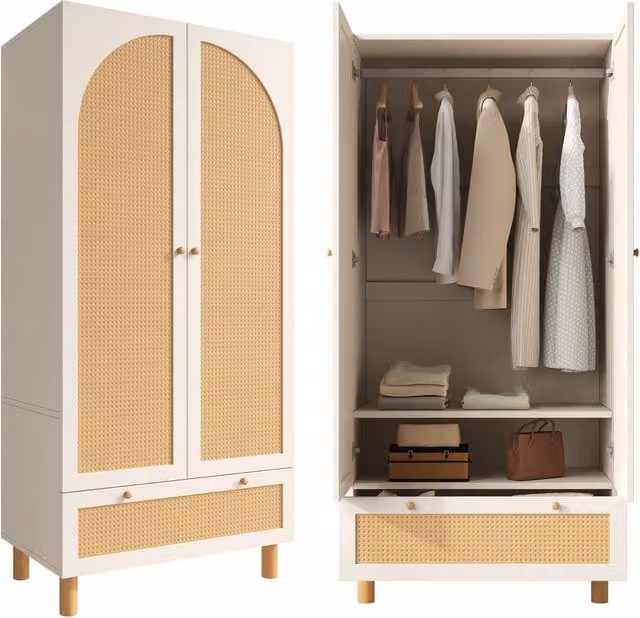 Armadio in stile rustico bianco con ante, cassetti interni, ripiani e barra appendiabiti, L: 85.5 cm, P: 52 cm, H: 180.5 cm