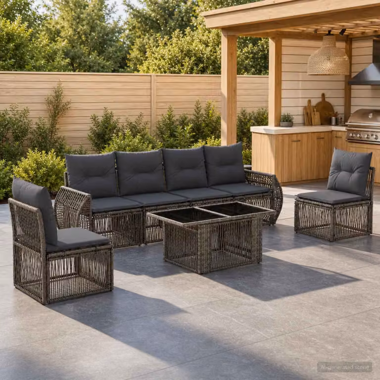 Set Divano da Giardino vidaXL 7 Pezzi in Polyrattan Grigio e Antracite con Cuscini e Tavolino