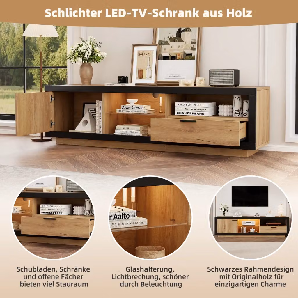 Mobile TV REDOM moderno con LED RGB in vetro e truciolare nero e rovere L: 160 cm, P: 40 cm, H: 50 cm – 2