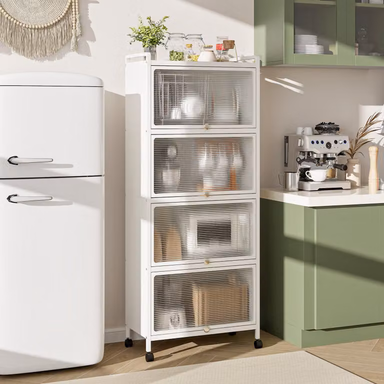 Mobile contenitore a 5 ripiani con ante, credenza con rotelle, sistema anti-ribaltamento e chiusura magnetica, cassettiera per soggiorno e ufficio (bianco)