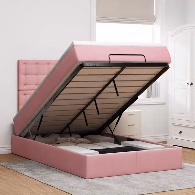 Letto con contenitore a sollevamento vidaXL in velluto rosa e bianco con materasso L/P/H: 203 x 120 x 28 cm – 1