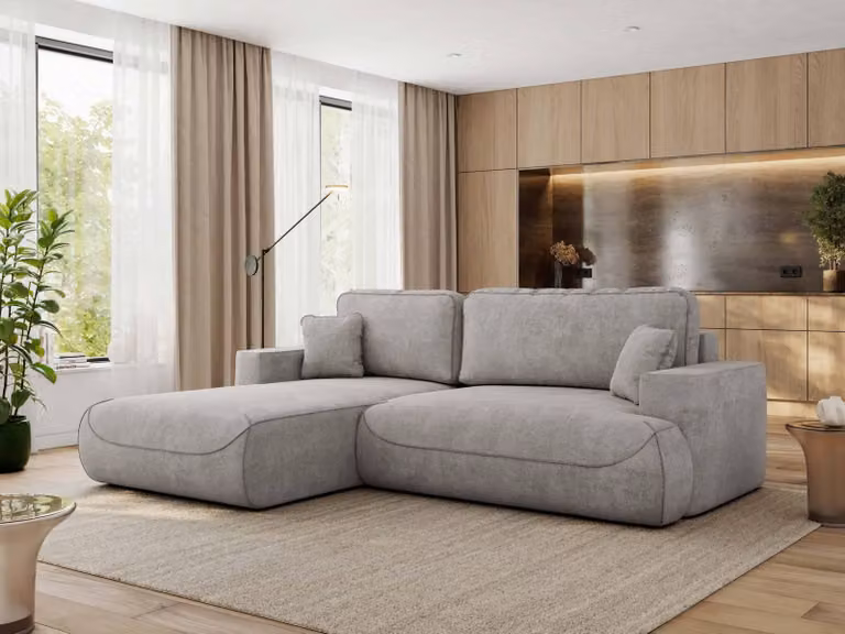 MKS MEBLE divano angolare OVO con funzione letto e box letto, struttura grigio chiaro, divano a L, divano angolare a 4 posti, 271x195x95 cm - lato sinistro