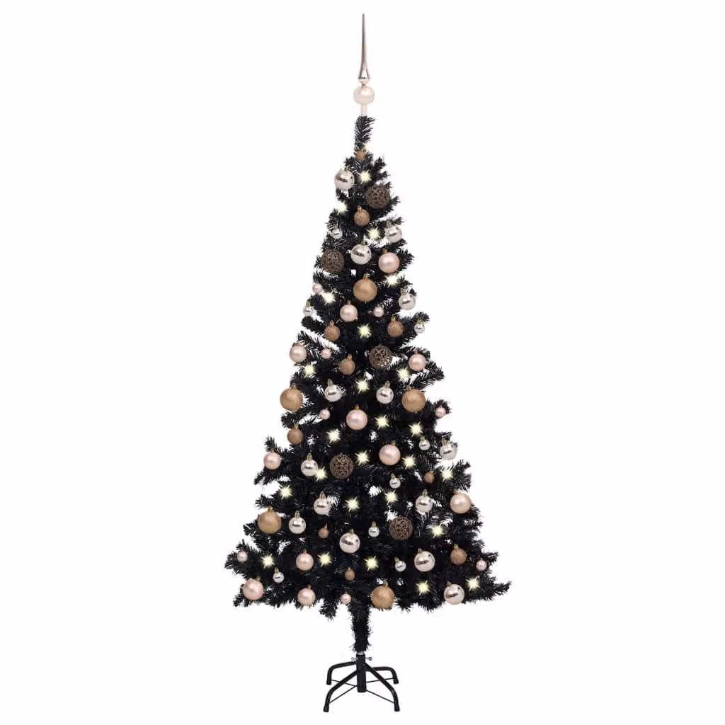The Living Store Albero di Natale artificiale con luci e palline nero 150 cm