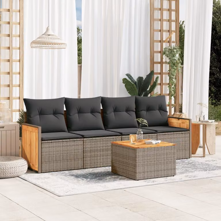 vidaXL Set Divano da Giardino 5 pz in Polyrattan Grigio con Cuscini e Tavolino