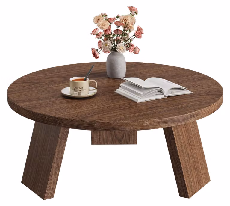 Tavolino da caffè rotondo, diametro 85 cm, ideale per il soggiorno. Tavolino con gambe in MDF effetto noce strutturato (modello 135)
