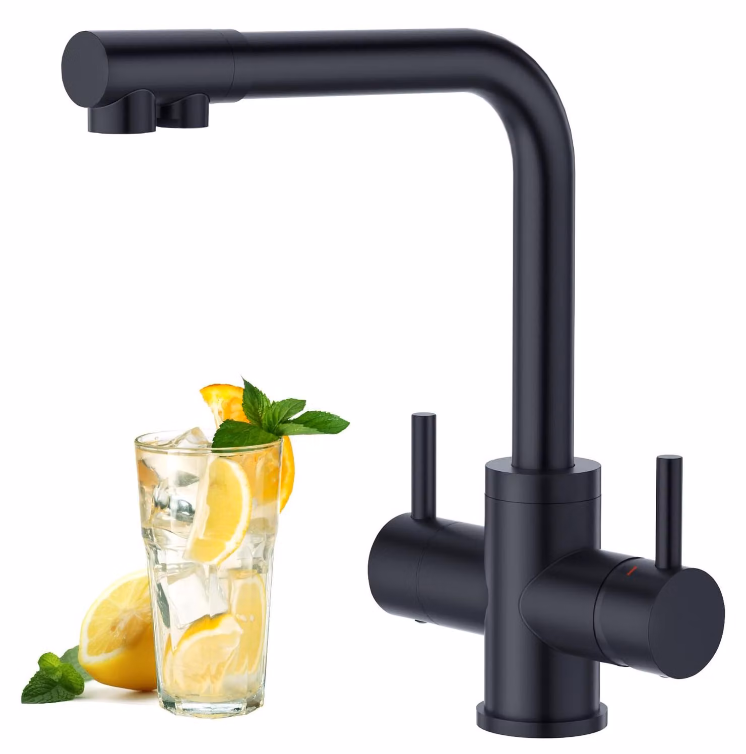 Rubinetto da cucina a tre vie con due manopole per acqua potabile