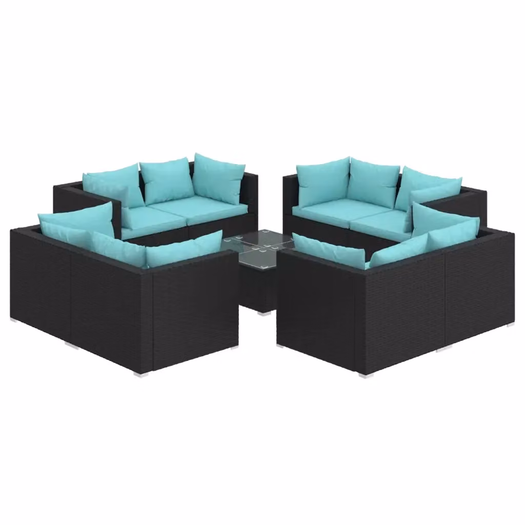 Set di Divani da Giardino a L vidaXL 9 Pezzi con Tavolino e Cuscini Blu e Neri – 2