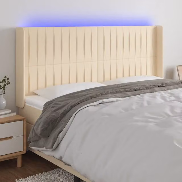 Testiera per letto con illuminazione LED e porta USB vidaXL in tessuto beige, L: 183 cm, P: 16 cm, H: 118-128 cm