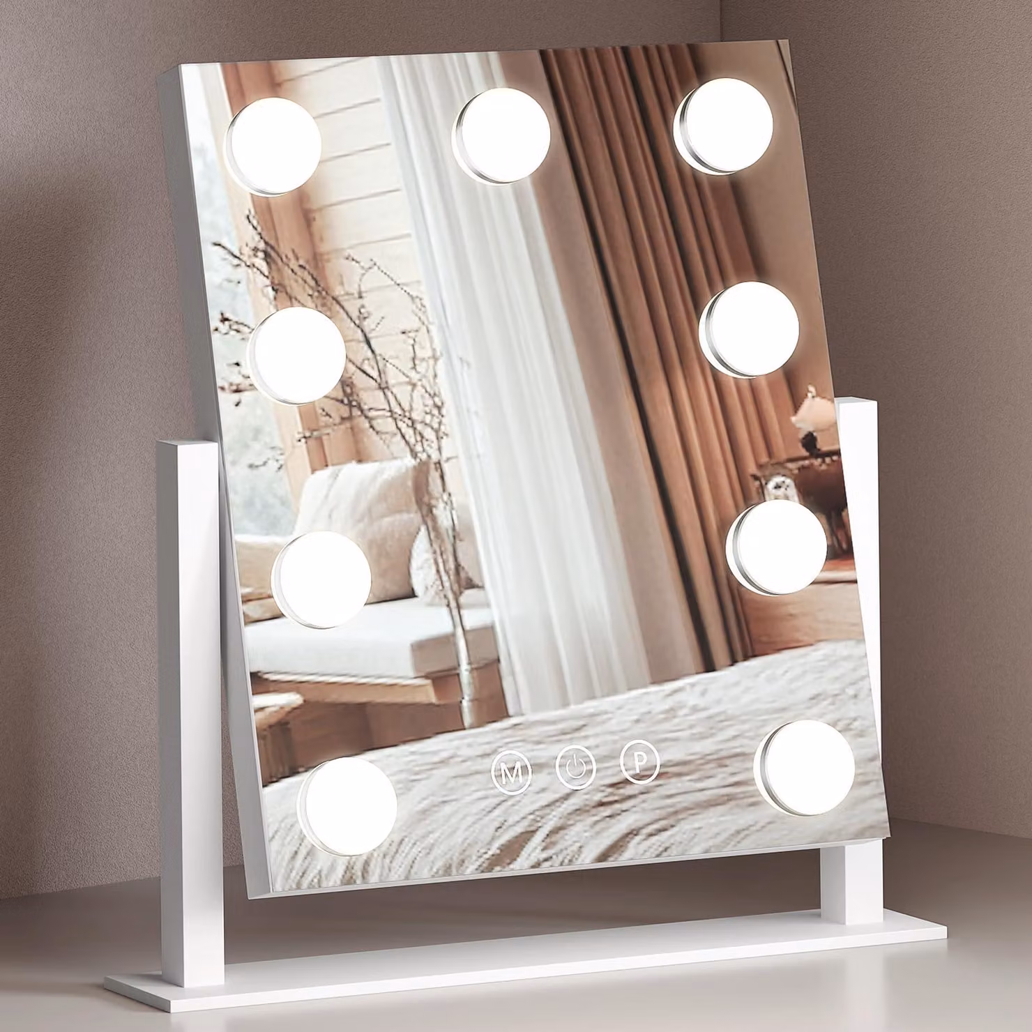 Specchio per trucco con 9 LED dimmerabili, 3 modalità di colore, controllo touch, colore bianco, dimensioni 30x25 cm