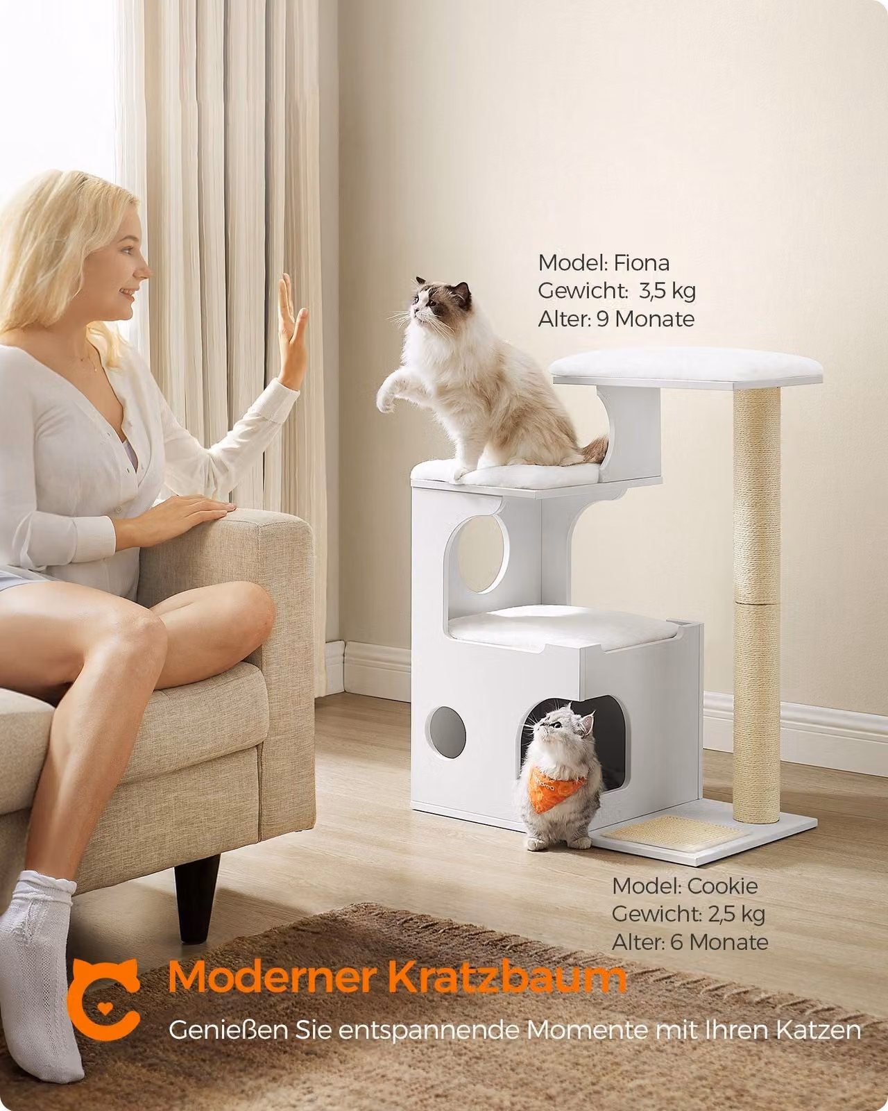 Albero per gatti – Torre da arrampicata – Pannello di fibra a media densità (MDF) – Tappezzeria in peluche – Sisal – 66 x 40 x 86 cm