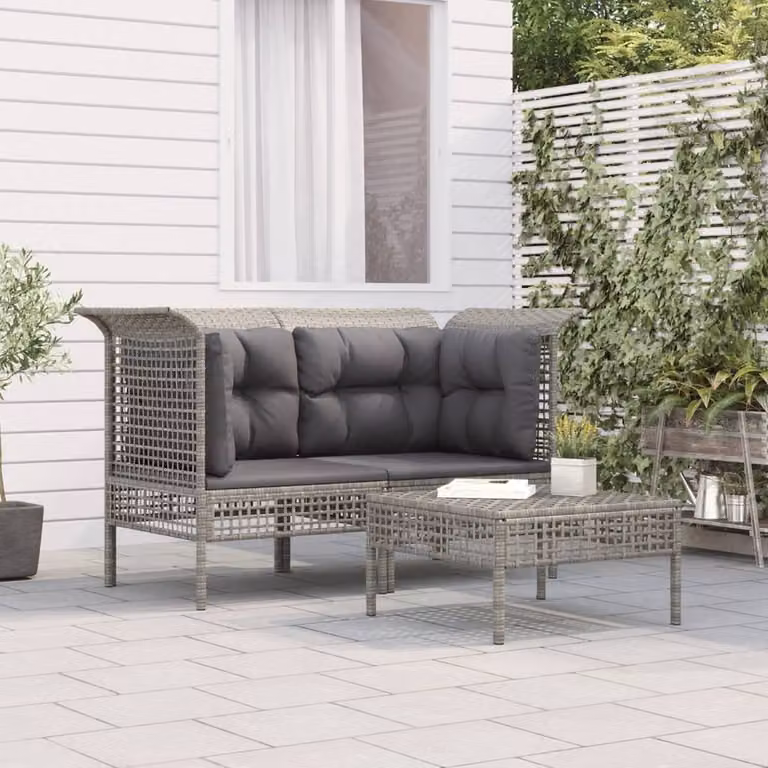 The Living Store Set di 3 pezzi da giardino con cuscini in poly rattan grigio