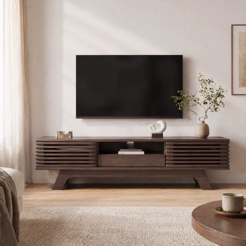 Mobile TV MIVRAY in truciolare naturale beige e marrone con due ante, cassetto, vani aperti e passacavi per soggiorno L: 150 cm, P: 35 cm, H: 44 cm – 2