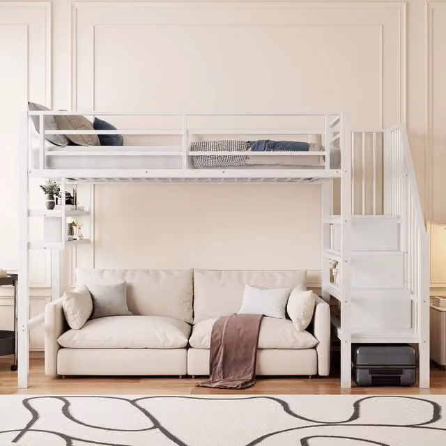 Letto a soppalco per bambini 90x200 con scala contenitore e ripiani; in metallo e MDF; bianco