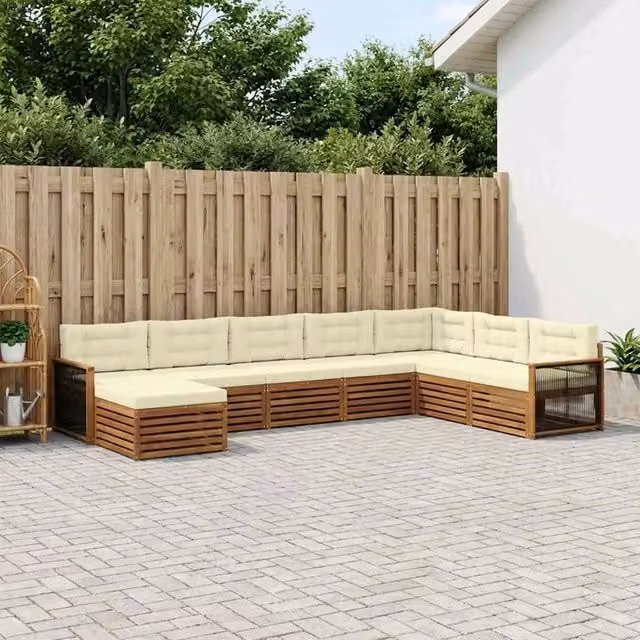 Set di divani da esterno a L vidaXL in legno di acacia con 8 pezzi, colore beige e bianco – 1