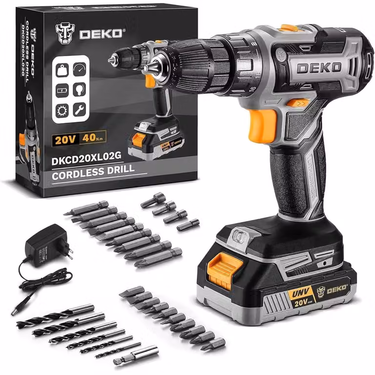 Set di trapano avvitatore a batteria da 20V, completo di batteria da 1,5Ah e caricabatterie, colore grigio