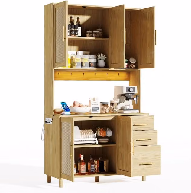 Credenza da Cucina Moderna in MDF Naturale con Dettagli in Rattan e Metallo Oro, Illuminazione LED Integrata e Prese USB per Soggiorno e Sala da Pranzo