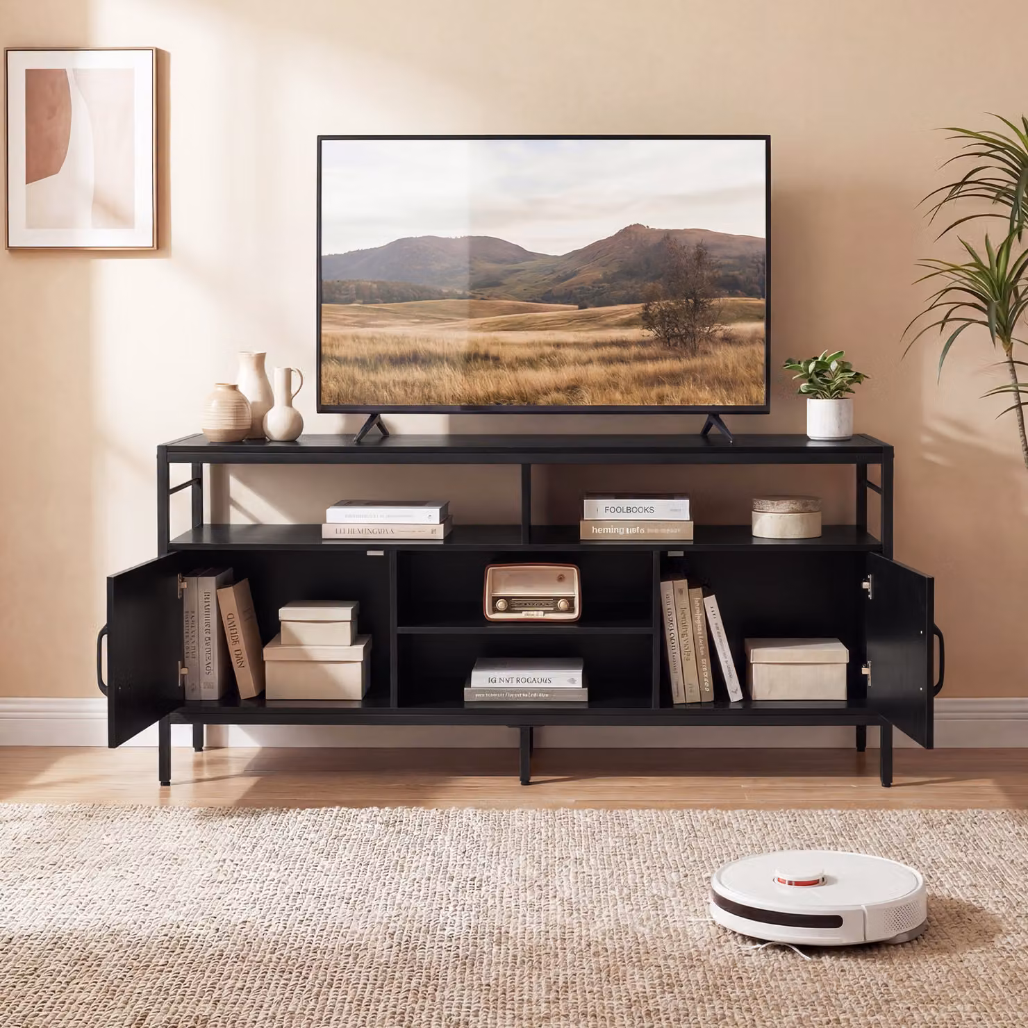 Mobile TV Costway in legno e metallo nero con 2 armadietti e 4 ripiani aperti per schermi fino a 65 pollici per il tuo soggiorno