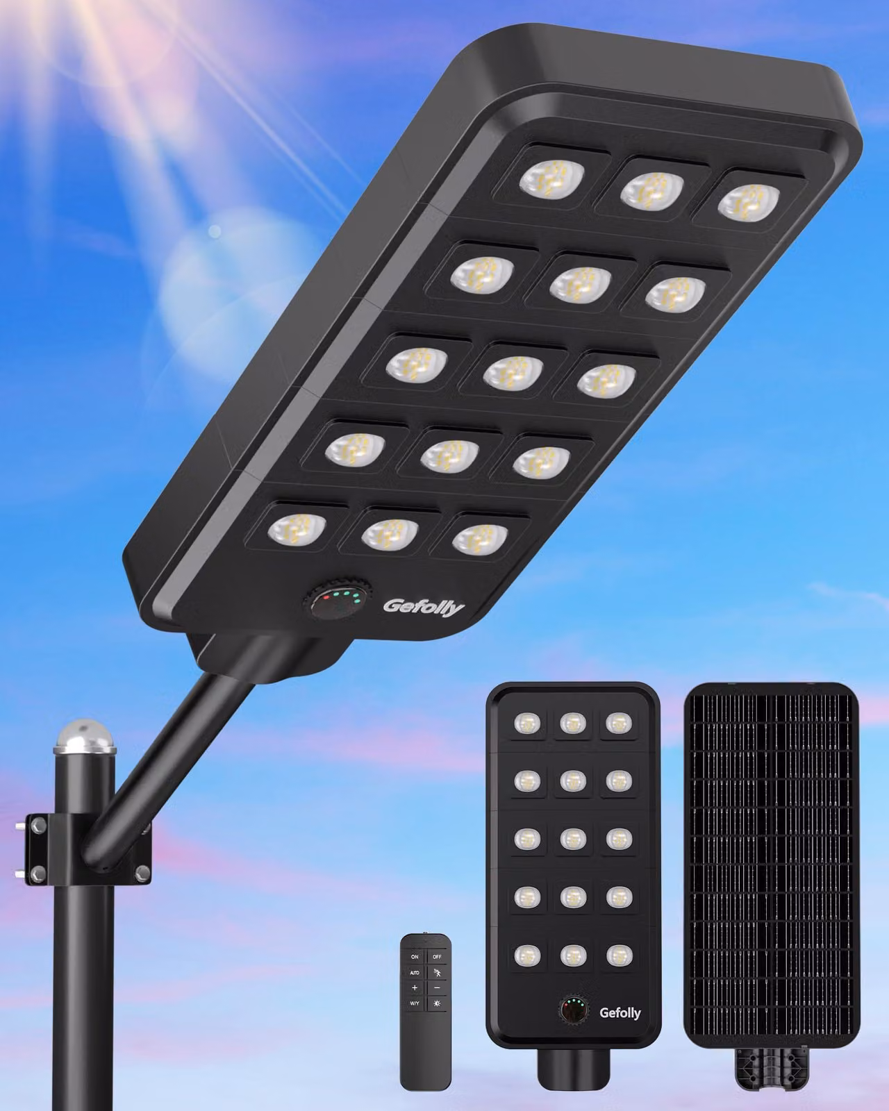 Lampione solare con sensore di movimento, 15 watt, 6500 Kelvin, grado di protezione IP68