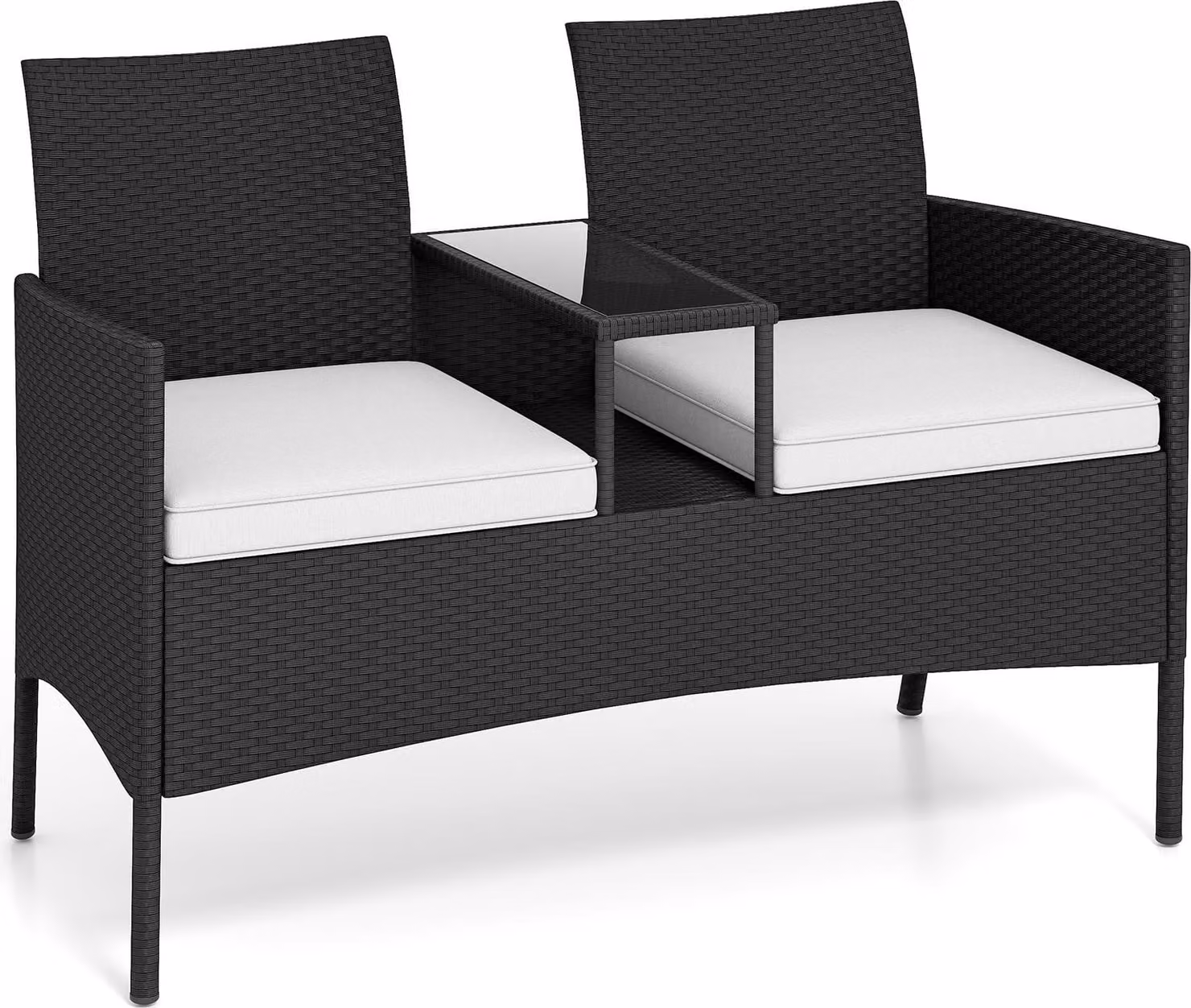 Panca da giardino con tavolo COSTWAY, panca a 2 posti in polyrattan, gruppo di sedute, mobili da giardino, mobili da patio, mobili da balcone resistenti alle intemperie, bianco