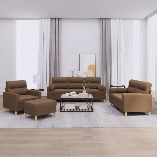 Set di divani moderno vidaXL composto da 2 divani e un pouf in tessuto marrone con cuscini inclusi