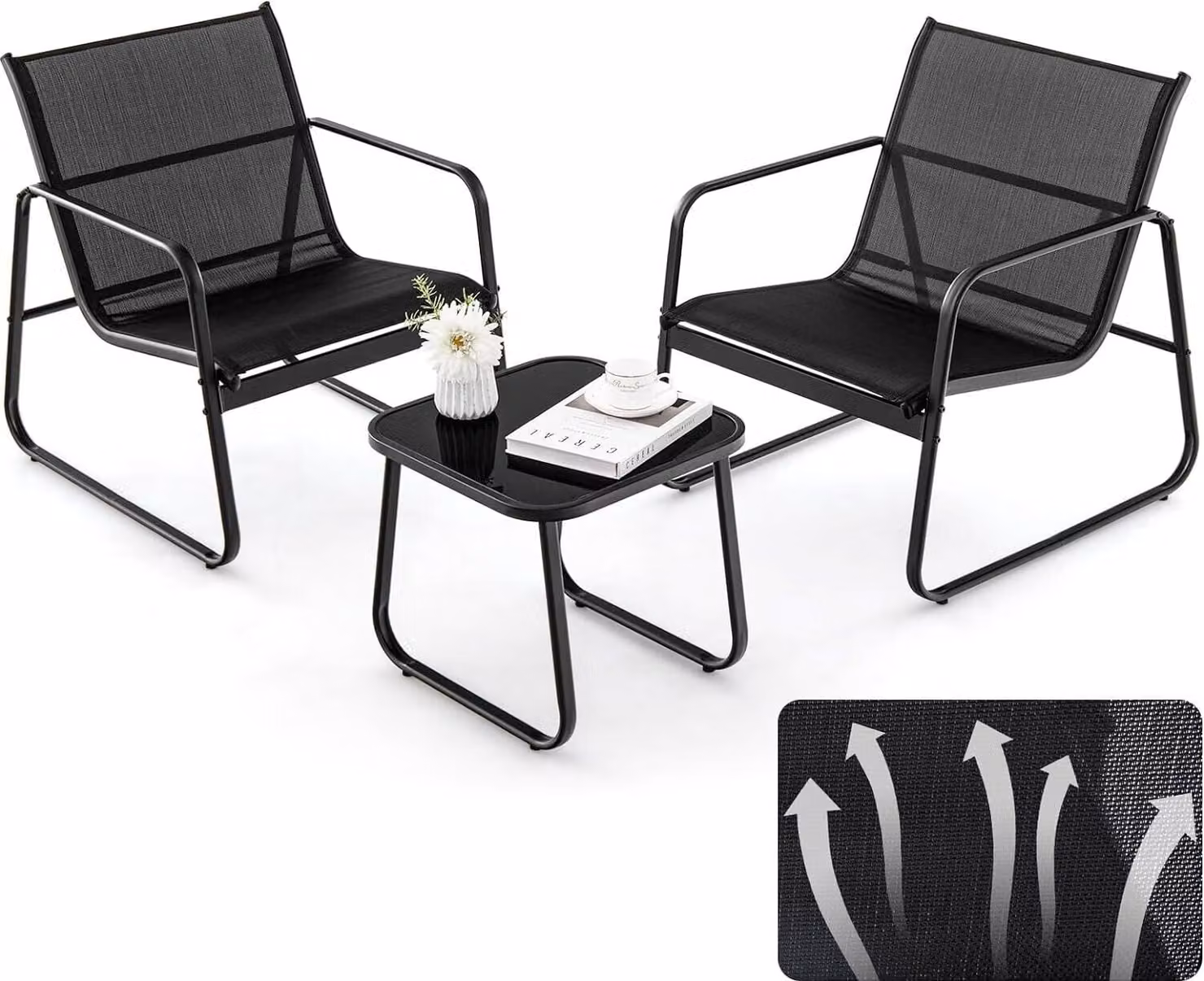 KOMFOTTEU 3 pezzi. Set da balcone Bistro, set di mobili da balcone con 2 sedie impilabili in tessuto Textilene e tavolo da giardino, set da giardino (nero)