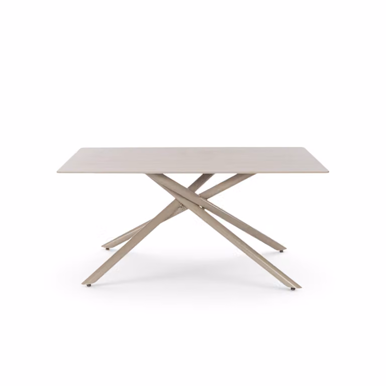 Tavolo MACINAGGIO con piano in ceramica effetto travertino e gambe incrociate in metallo verniciato beige, 140x80x76 cm