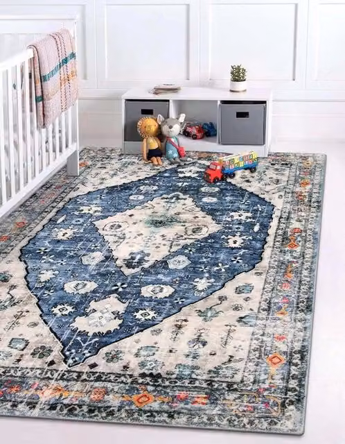 Tappeto rettangolare in poliestere KIMODE stile boho orientale, blu, lavabile e antiscivolo, L 90 cm x P 150 cm