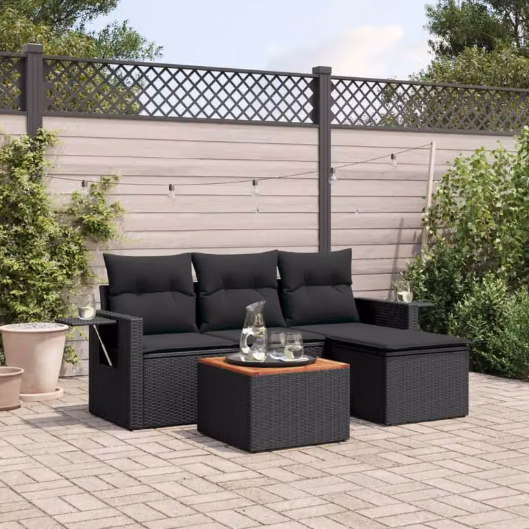 vidaXL Set Divani da Giardino a L in Polyrattan Nero con Cuscini e Tavolino da Esterno