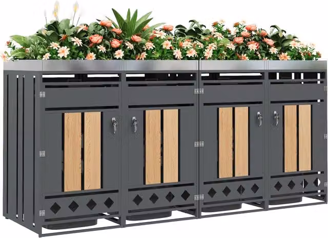 Contenitore per rifiuti da giardino ¨C Minimal ¨C 4 porte, effetto legno, chiudibile, con area piantumazione