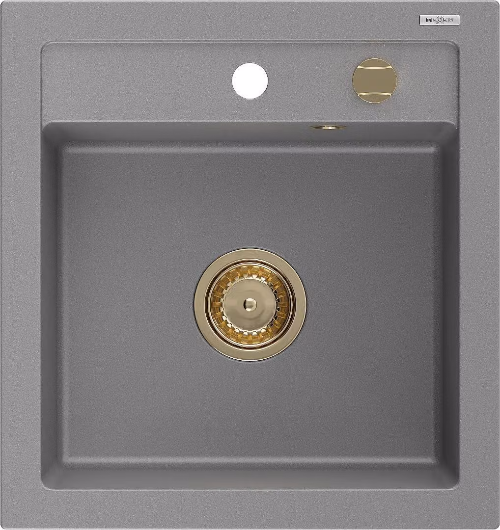 Mexen Vito lavello in granito 1-vasca 520 x 490 mm, grigio, sifone dorato - 6503521000-71-G