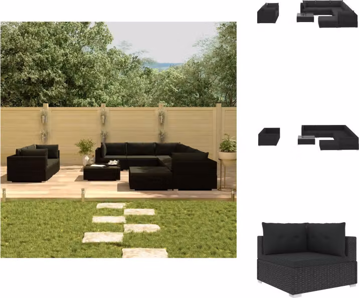 vidaXL Set da giardino da 10 pezzi con cuscini in poly rattan nero - Set di mobili da giardino